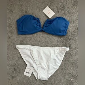 Andie Swim Bikini The Scala Top Strapless in Blue and Tropez Bottom White Medium